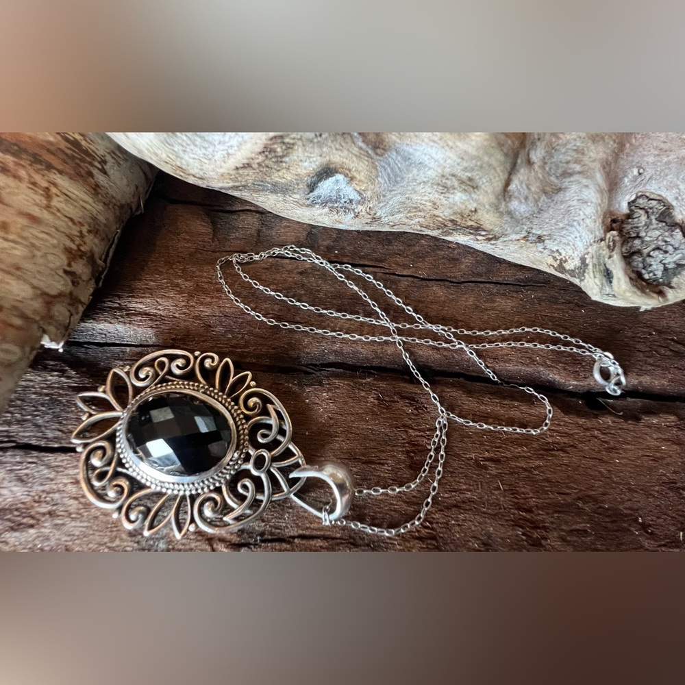 Nepal India  PTI Black Hematite Pendant Necklace Victorian Filigree Faceted 2”
